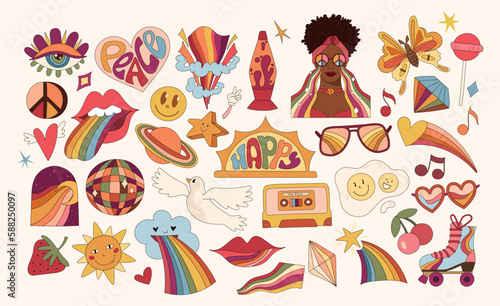 Groovy isolated clip art bundle with hippie girl, abstract rainbow shapes, peace symbol, hearts, retro cassete, lava lamp and disco ball, 70s nostalgia, positive optimistic vibes, big vector kit