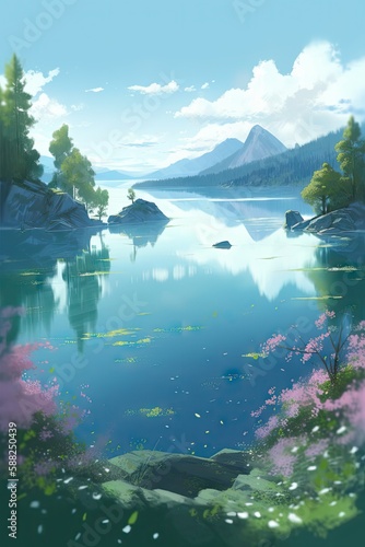 Lake in the forest. AI generated art illustration.