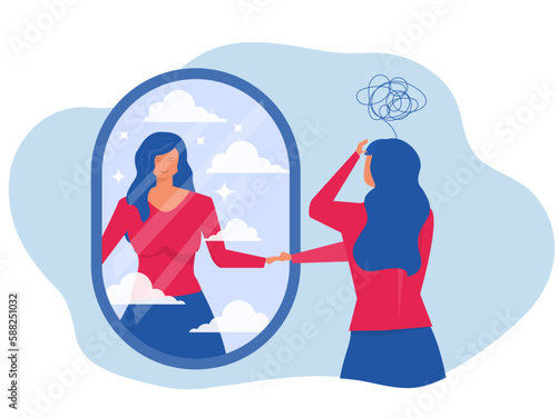 girl touching her reflection in the mirror different smiling confident  dream with sad anxiety at herself  health mental illustration