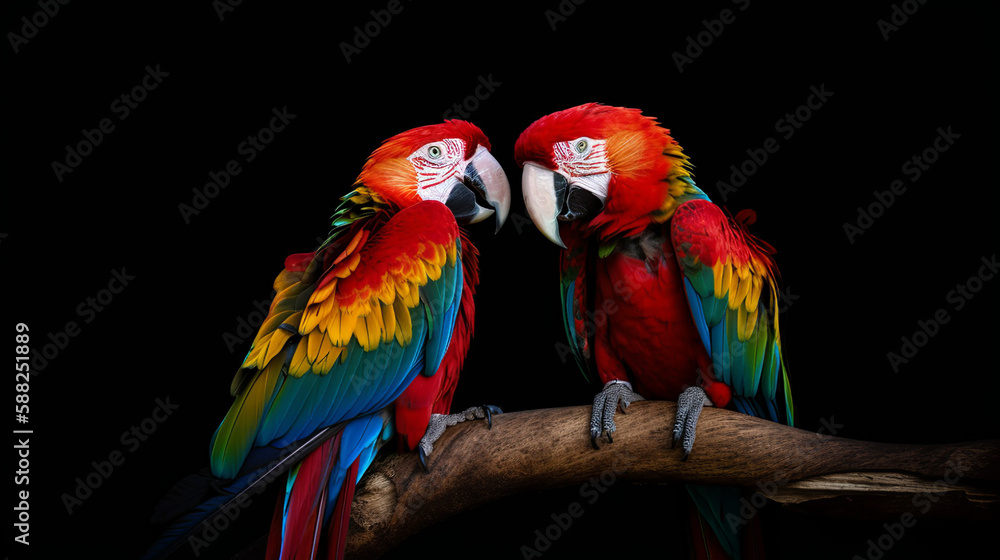 Isolated Scarlet Macaw A Colorful Two Parrots On Black Background, Generative Ai