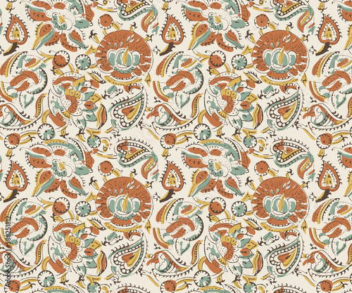 Hand drawn floral paisley seamless print in block print style vector