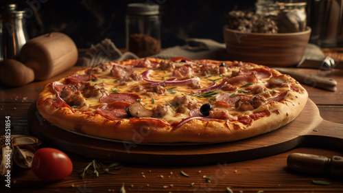 pizza with salami and mushrooms AI generates image