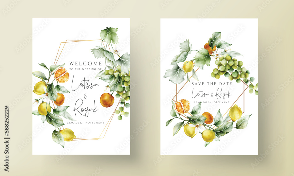 set of wedding invitation cards with a lemon and flowers