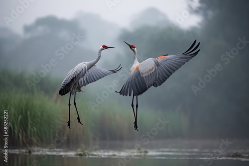 Sarus cranes are flying, world's tallest flying bird animal wildlife, generative AI photo