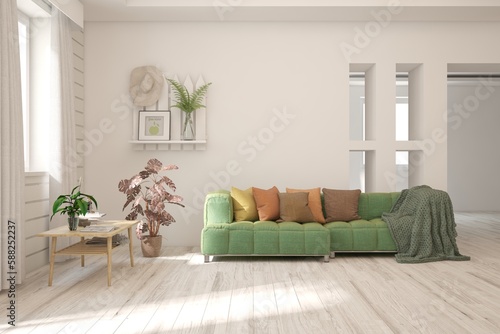 White living room with sofa. Scandinavian interior design. 3D illustration