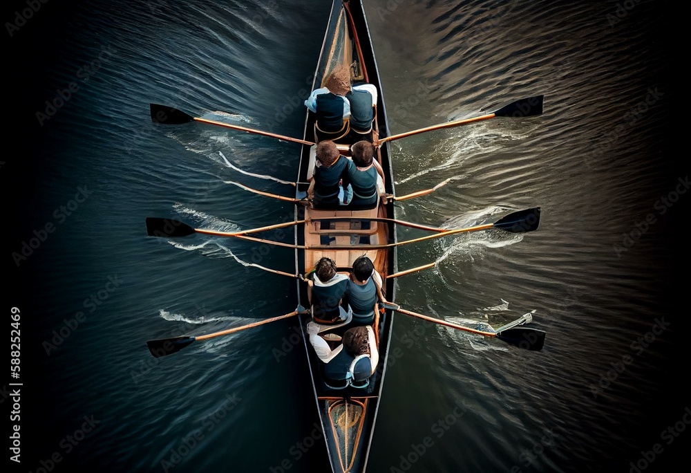 rowing boat on the Seine river with a team of 4 aboard view from above. Generative AI - obrazy, fototapety, plakaty 