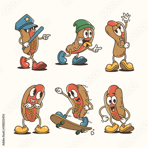 Set of Trendy Hot Dog and Cartoon Characters, Vintage character vector art collection