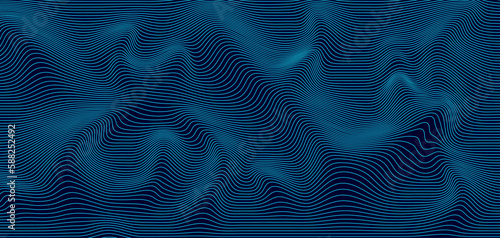 Abstract wavy 3d mesh on a blue background. Geometric dynamic wave. 3D technology wireframe. Vector illustration.