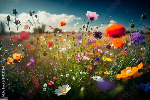 Floral field of bright spring plants of different colors, summer meadow landscape with flowers and blue sky sun. Generative AI. © VICHIZH