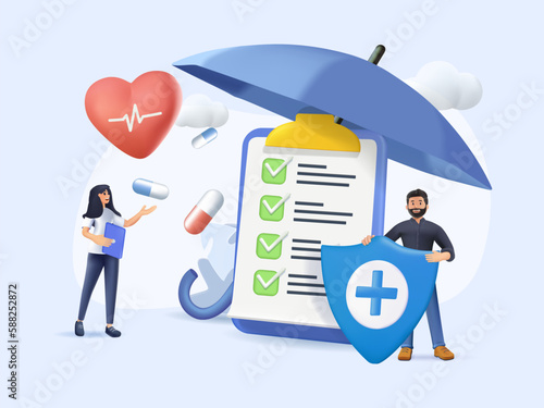 Health insurance 3D concept. Medical document with checklist under the umbrella. Big clipboard healthcare, finance and medical service 3D icon. Isolated vector illustration in 3D cartoon style render