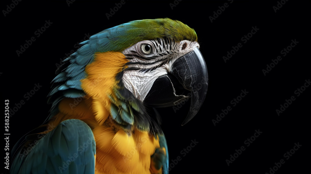 Isolated Stunning Blue And Gold Macaw With A Curved Black Background, Generative Ai