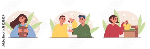 Set of cartoon characters collecting and putting money, food and clothes. Charity and financial support. Humanitarian aid organization and volunteers. Social active youth. Vector