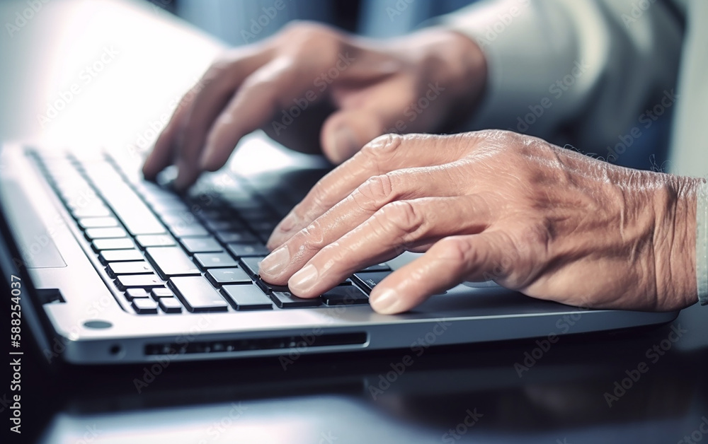 Senior older hands using laptop. Generative AI Senior older hands using laptop. Generative AI