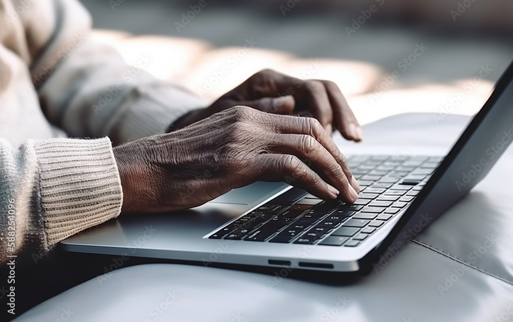 Black senior older hands using laptop. Generative AI