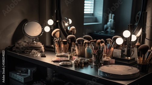 Professional makeup artist workstation with an array of high-end tools and products, including makeup brushes, blending sponges, and a well-lit mirror. Generative AI