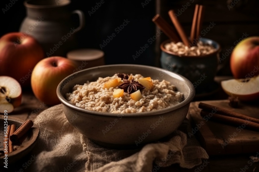 oatmeal with slices of apple and cinnamon, single meal, elegant table Generative AI oatmeal with slices of apple and cinnamon, single meal, elegant table Generative AI