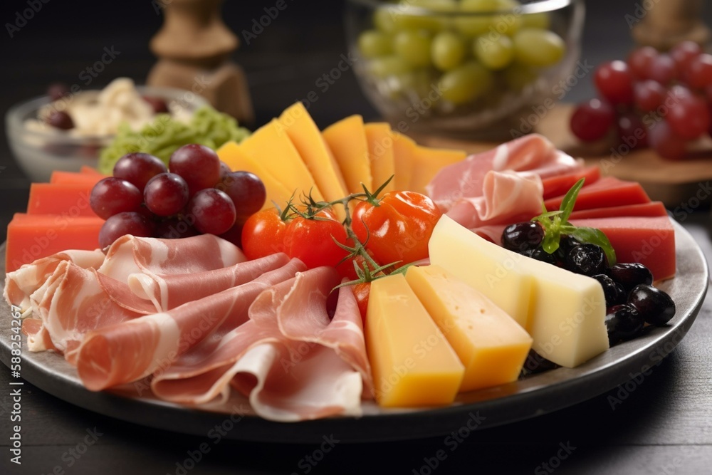 plate with cheese and ham Generative AI plate with cheese and ham Generative AI