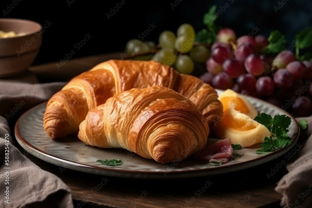plate with a croissant, cheese and ham Generative AI