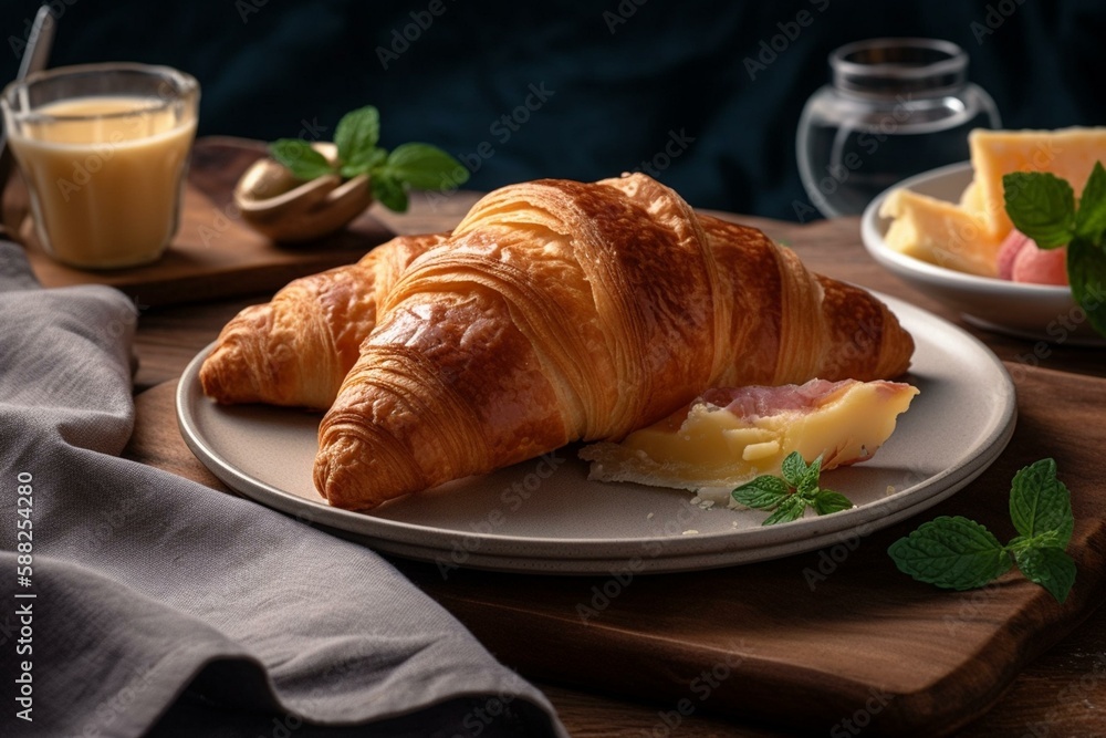 plate with a croissant, cheese and ham Generative AI plate with a croissant, cheese and ham Generative AI