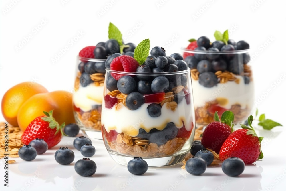 breakfast, yogurt with fruits isolated, Generative AI breakfast, yogurt with fruits isolated, Generative AI