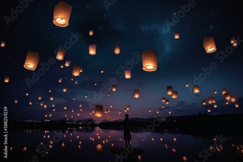  lanterns in the night sky, Generative AI