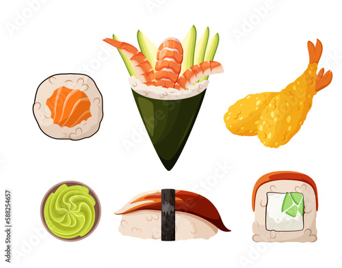 A set of Japanese food on a white background. Asian cuisine.
