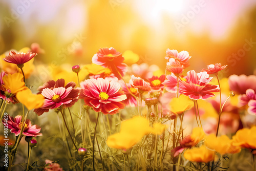 Flower Background Wide. Colorful flowers. Summer. Sunny day. Created by Generative AI