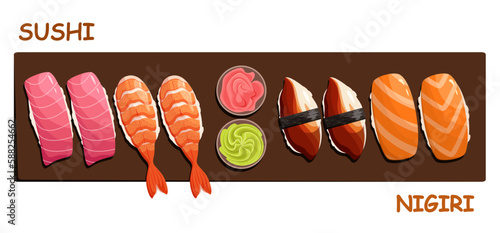 A set of sushi nigiri. Japanese cuisine.
