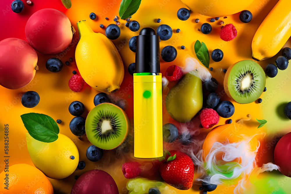 Vape Background. Colorful vaporizer. Vaping concept Design. Multicolor Smoke. Fruit Taste. Smoke. Created by Generative AI