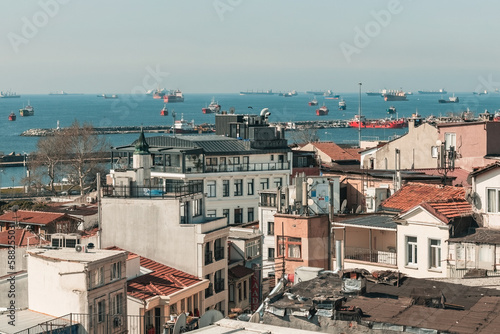 Fatih area of Istanbul, view from the rooftop, old houses and Bosphorus view in Fatih, Istanbul © Natalia