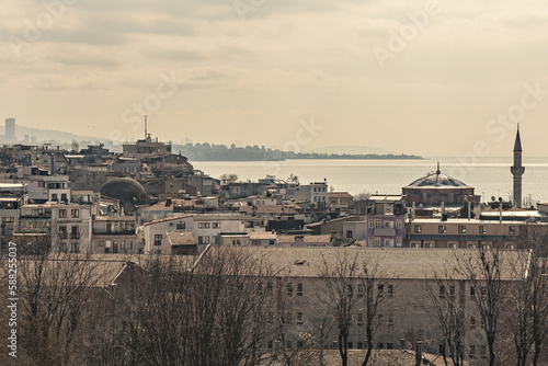 Fatih area of Istanbul, view from the rooftop, old houses and Bosphorus view in Fatih, Istanbul