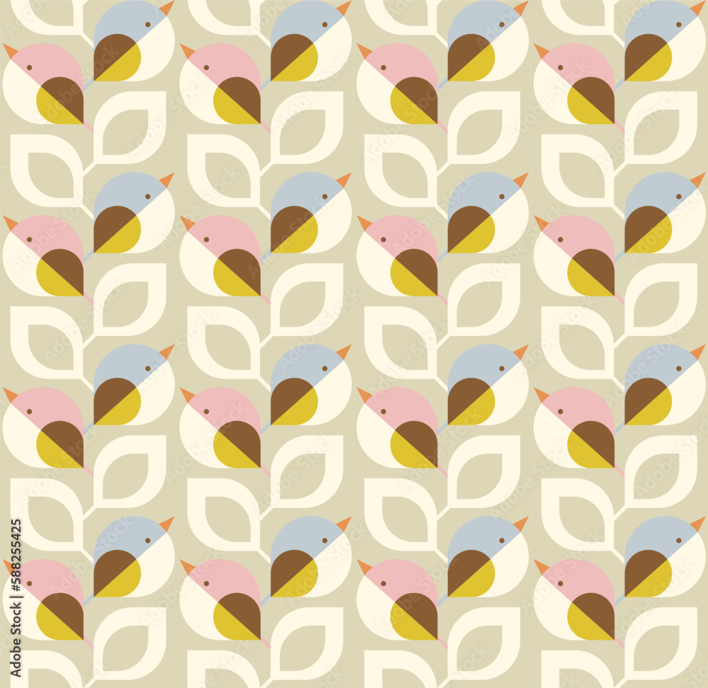 Seamless Pattern with geometric birds and leaves.