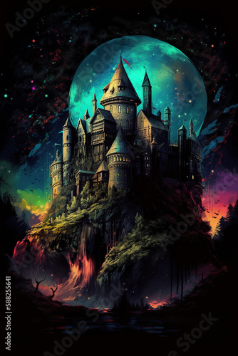 Fantasy landscape with fantasy castle and full moon, Generative AI illustration for children