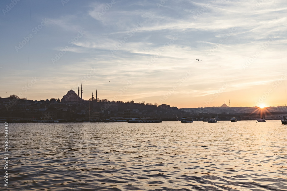 Sunset view of Istanbul Sultanahmet area from the Galata Bridge, Turkey