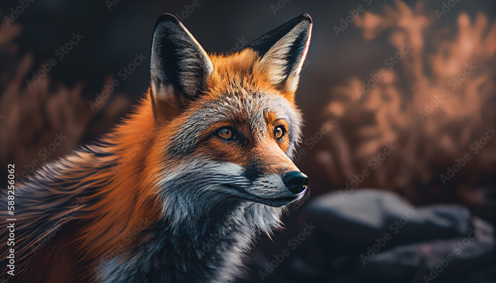 Red Fox - Vulpes vulpes, close-up portrait with bokeh of pine trees in the background. Making eye contact. Red Fox - Vulpes vulpes, close-up portrait with bokeh of pine trees in the background. Making eye contact.