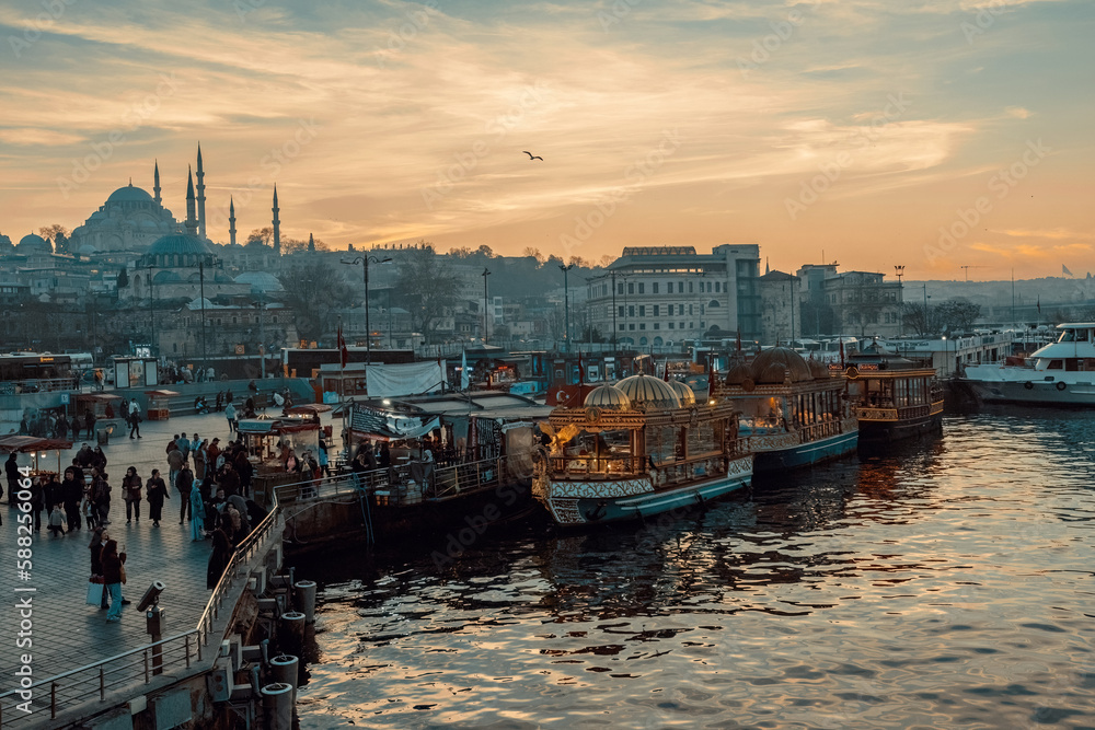 Sunset view of Istanbul Sultanahmet area from the Galata Bridge, Turkey