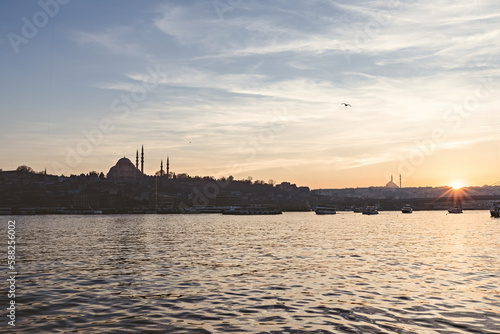 Sunset view of Istanbul Sultanahmet area from the Galata Bridge, Turkey