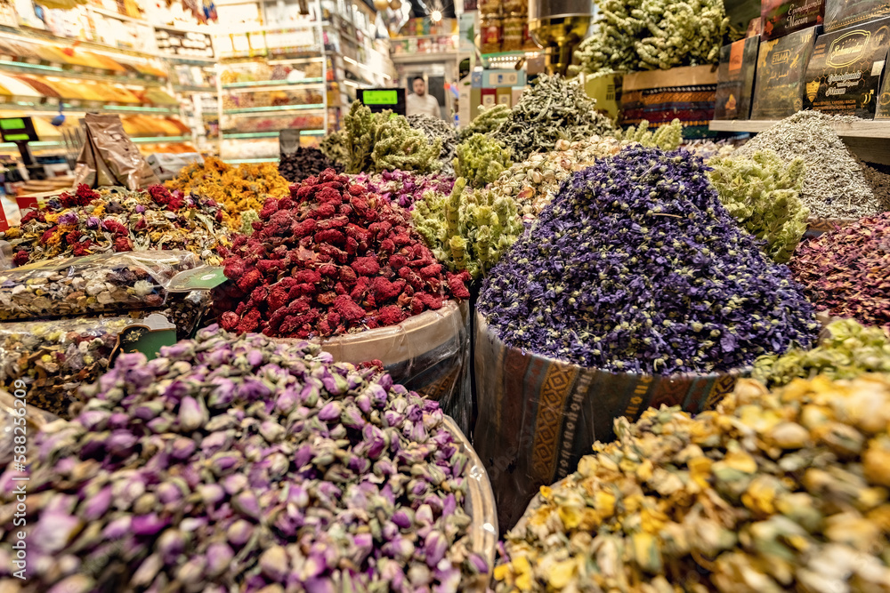 Egyptian bazaar with lots of spices, dry fruits and  tea, Istanbul, Turkey