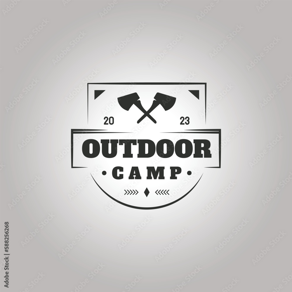 outdoor camp with crossed axe logo vector design