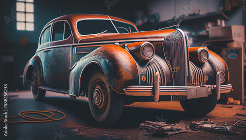 Old car repair garage, cinematic lighting, wallpaper. Vintage car inside the garage