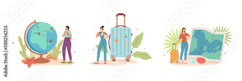 Girls planning travel abroad, going to great adventure. Vacation across world. Women tourists making journey, considering trip route. Voyage overseas. Vector cartoon illustration set