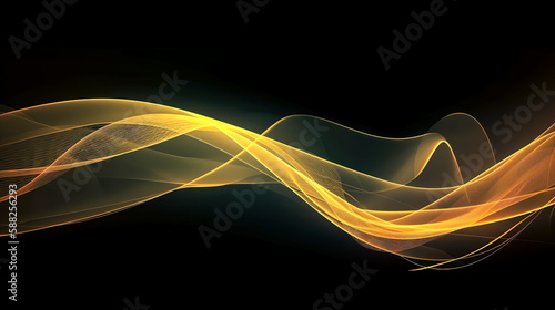 Abstract black background with yellow lines, generative AI.