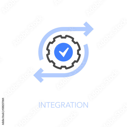Simple visualised integration icon symbol with a cogwheel and two process arrows.