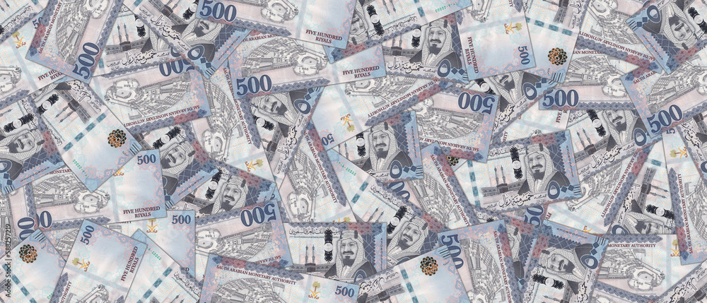 Naklejka premium Financial illustration. Seamless pattern. Randomly scattered Saudi Arabia 500 riyal banknotes. Obverse and reverse bills.