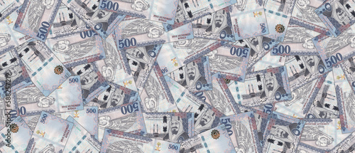 Financial illustration. Seamless pattern. Randomly scattered Saudi Arabia 500 riyal banknotes. Obverse and reverse bills. photo
