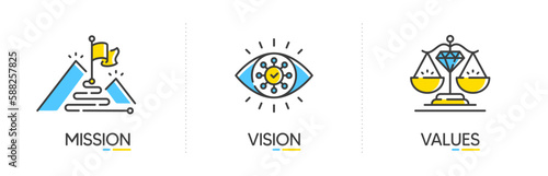 Mission, vision and values of business company. Target goal, global view and scales icons. Success template. Mission purpose flag, leader vision and core value. Infographic concept. Vector