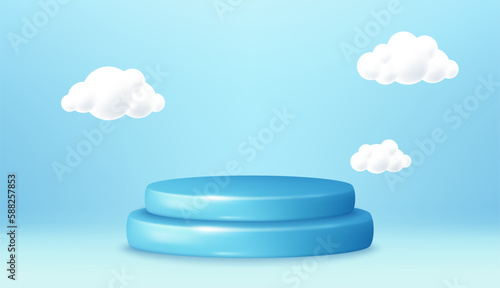 Podium scene with product platform and 3d clouds background. Abstract scene banner with pedestal. Product presentation mockup, show product podium, presentation offer platform. 3d podium stage. Vector
