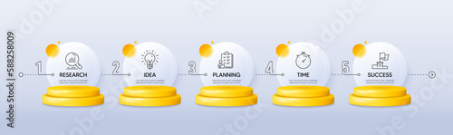 Timeline workflow 3d podium infographics. Infographic template with numbers 5 options or steps. Business infograph chart with 3d podium stages. Product timeline chart with glass blur effect. Vector