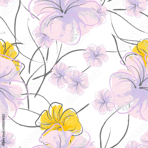 Pink Flowers Blooming Pattern. Pastel Watercolor.