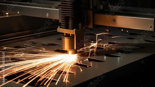 Close-up scene the fiber laser cutting machine cutting machine cut the metal plate Generative AI